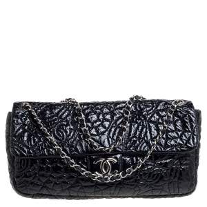 Pre Owned Chanel Black Camellia Embossed Patent Leather Classic Single Flap Bag