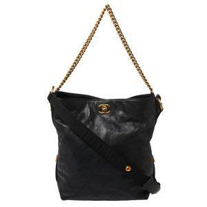 Pre Owned Chanel Black Quilted Leather Button Up Hobo