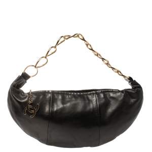 Pre Owned Chanel Black Leather Chain Link Zip Hobo