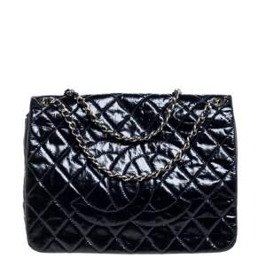 Pre Owned Chanel Dark Blue Quilted Patent Leather CC Flap Bag