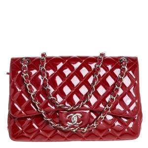 Pre Owned Chanel Red Quilted Patent Leather Jumbo Classic Double Flap Bag