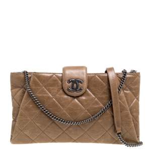 Pre Owned Chanel Beige Quilted Leather Front Pocket Chain Bag