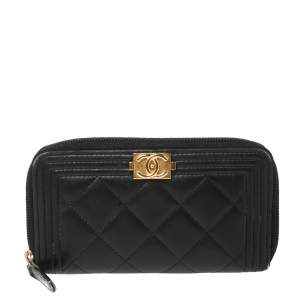 Chanel Black Quilted Leather Boy Zip Around Wallet