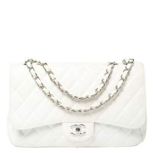 Pre Owned Chanel White Quilted Caviar Leather Jumbo Classic Single Flap Bag