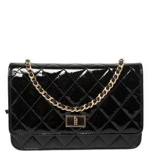 Chanel Black Quilted Patent Leather Reissue Wallet On Chain