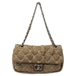 Pre Owned Chanel Military Green Quilted Nylon Medium Tweed on Stitch Bubble Flap Shoulder Bag