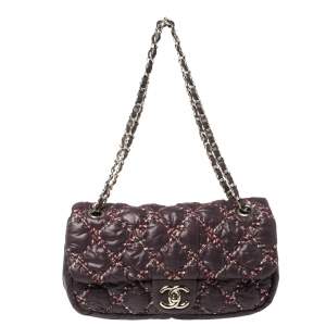 Pre Owned Chanel Plum Quilted Nylon Medium Tweed on Stitch Bubble Flap Shoulder Bag