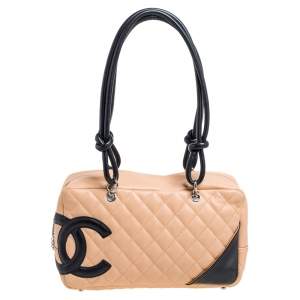 Pre Owned Chanel Beige/Black Quilted Leather Ligne Cambon Bag
