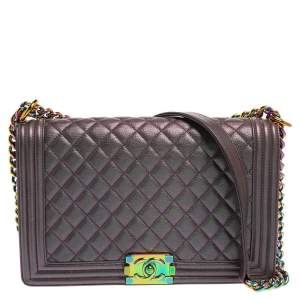 Pre Owned Chanel Metallic Leather Iridescent New Medium Boy Flap Bag