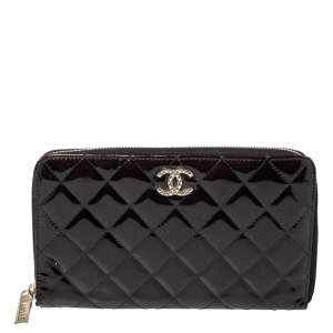 مملوكة مسبقًا Chanel Black Quilted Patent Leather CC Zip Around Wallet Organizer 