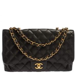 Pre Owned Chanel Black Quilted Caviar Leather Jumbo Classic Single Flap Bag