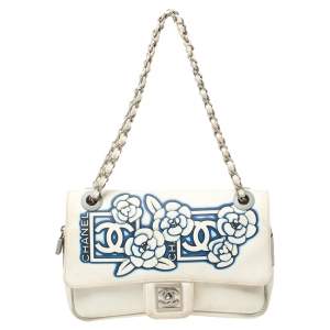 Pre Owned Chanel White/Blue Floral Print Nylon Sport CC Flap Bag