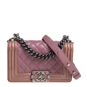 Pre Owned Chanel Pink/Brown Quilted Patent and Leather Small Boy Flap Bag