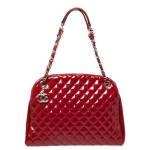 Pre Owned Chanel Red Quilted Patent Leather Medium Just Mademoiselle Bowler Bag