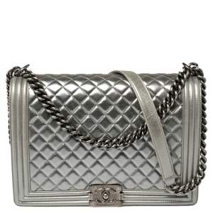 Pre Owned Chanel Silver Quilted Leather Large Boy Flap Bag