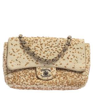 Pre Owned Chanel Cream White Raffia Sequin Single Flap Bag 