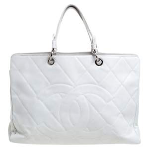 Pre Owned Chanel White Caviar Quilted Leather CC Timeless Tote