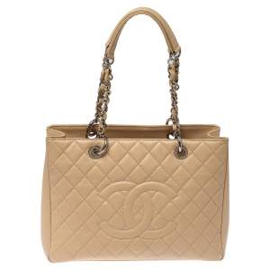 Pre Owned Chanel Beige Quilted Caviar Leather Grand Shopping Tote