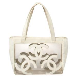 مملوكة مسبقًا Chanel White PVC and Patent Leather Medium Triple CC Tote