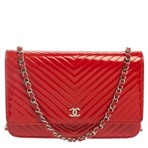 Chanel Red Chevron Patent Leather Classic WOC Clutch Bag
