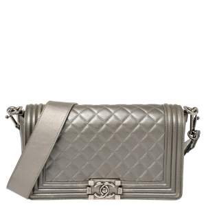 Pre Owned حقيبة شانيل بوي جلد رصاصي مبطن وحواف جلد رقيطة بقلاب