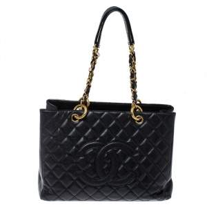 Pre Owned Chanel Black Quilted Caviar Leather Grand Shopper Tote