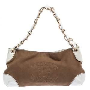 مملوكة مسبقًا Chanel Khaki/White Canvas and Leather CC Chain Baguette Bag