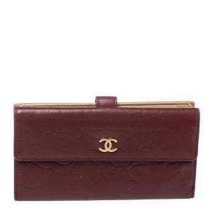 Chanel Burgundy Camellia Embossed Leather Flap Wallet
