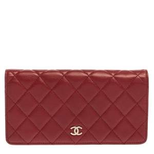 Pre Owned Chanel Red Quilted Leather Yen Continental Wallet
