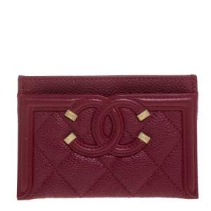 Chanel Red Quilted Caviar Leather CC Filigree Card Holder 