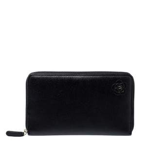 Chanel Black Leather CC Camellia Embossed Zip Around Wallet