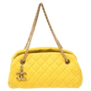 Pre Owned Chanel Yellow Quilted Jersey Small Just Mademoiselle Bowler Bag