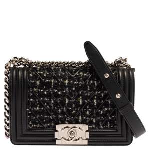Chanel Black Quilted Leather and Tweed Small Boy Flap Bag
