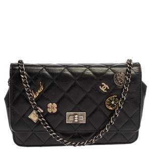 Chnael Black Aged Quilted Leather Lucky Charms 2.55 Reissue Wallet on Chain