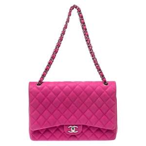 Pre Owned Chanel Pink Quilted Caviar Leather Maxi Classic Double Flap Bag