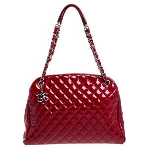 Pre Owned Chanel Red Quilted Patent Leather Medium Just Mademoiselle Bowler Bag