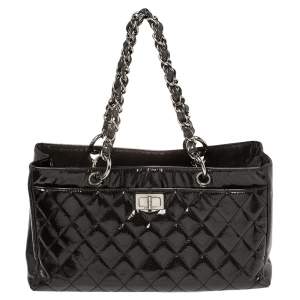 Pre Owned Chanel Dark Grey Quilted Patent Caviar Leather Reissue Tote