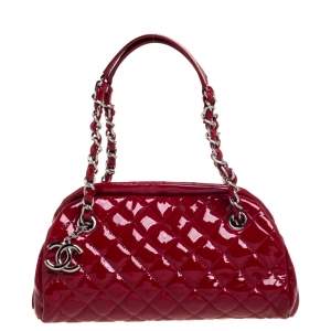 Pre Owned Chanel Red Quilted Patent Leather Small Just Mademoiselle Bowler Bag