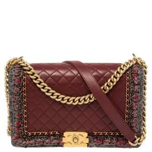 Chanel Burgundy Quilted Leather and Tweed Trim New Medium Jacket Boy Flap Bag