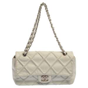 Pre Owned Chanel White Quilted Leather East West Single Flap Bag