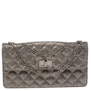 Pre Owned Chanel Silver Quilted Glitter Leather Reissue Flap Bag