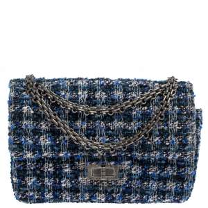 Pre Owned Chanel Blue/White Quilted Tweed Reissue 2.55 Classic 224 Flap Bag