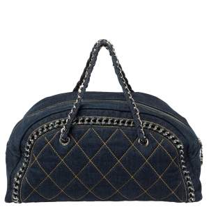 مملوكة مسبقًا Chanel Navy Blue Denim Large Chain Trim Luxe Ligne Bowler Bag