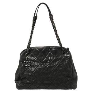 Pre Owned Chanel Dark Grey Shimmer Leather Large Just Mademoiselle Bowling Bag