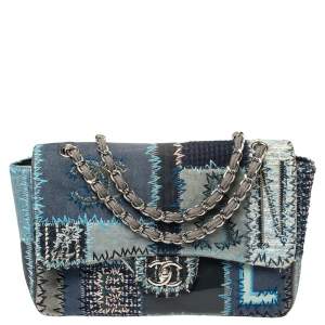 Pre Owned Chanel Blue Fabric/Canvas and Leather Patchwork Jumbo Classic Flap Bag