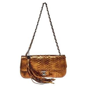 Pre Owned Chanel Metallic Bronze Python Tassel Flap Bag