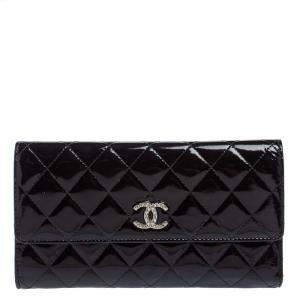 Pre Owned Chanel Black Quilted Patent Leather CC Flap Continental Wallet