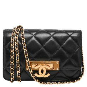 Pre Owned Chanel Black Quilted Lambskin Leather Golden Class WOC Clutch Bag