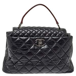 Pre Owned Chanel Black/Red Quilted Aged Leather Large Portobello Top Handle Bag