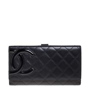Pre Owned Chanel Black Quilted Leather Cambon Ligne Flap Wallet
